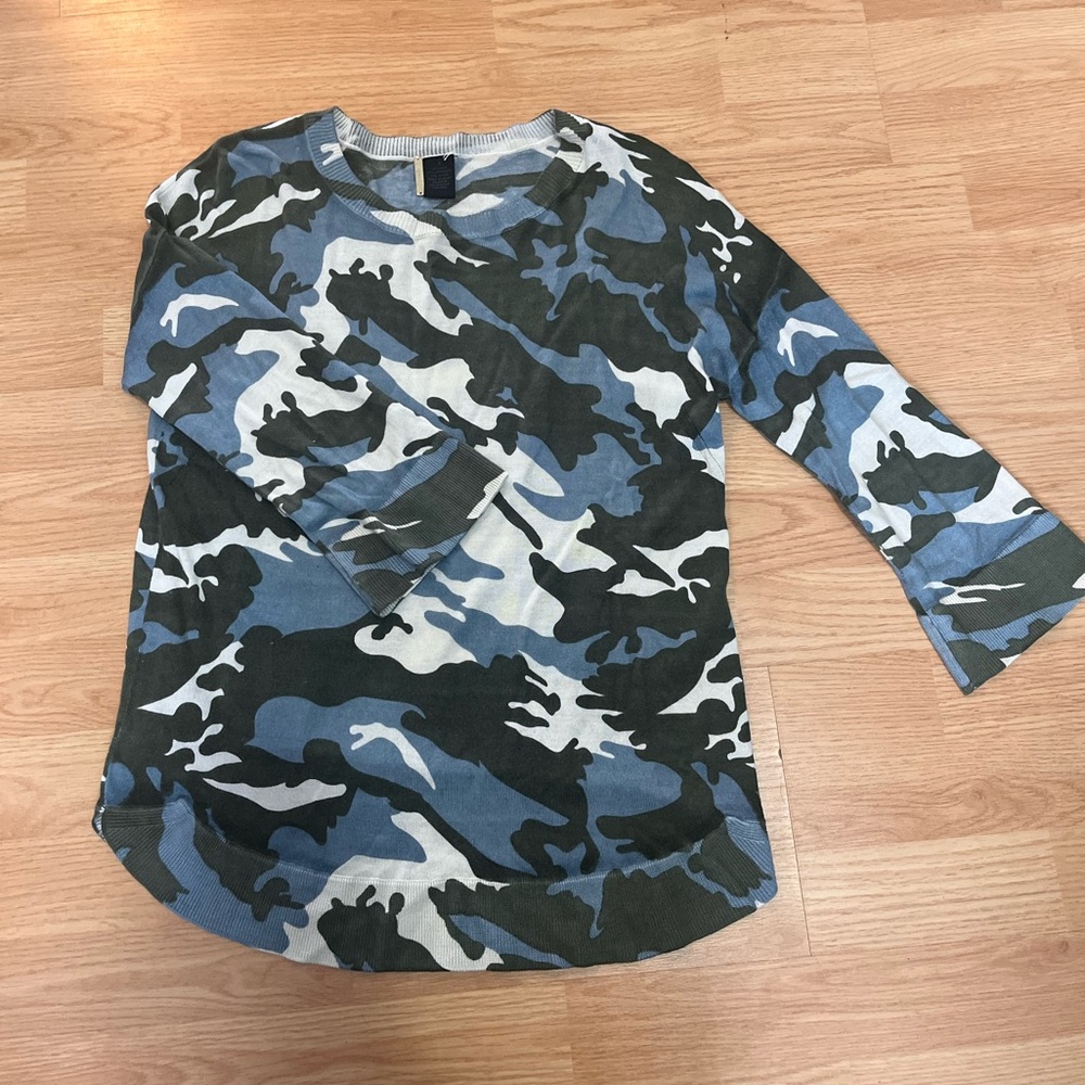 Magaschoni silk cashmere camo sweater small 3/4 sleeve curved hem green blue